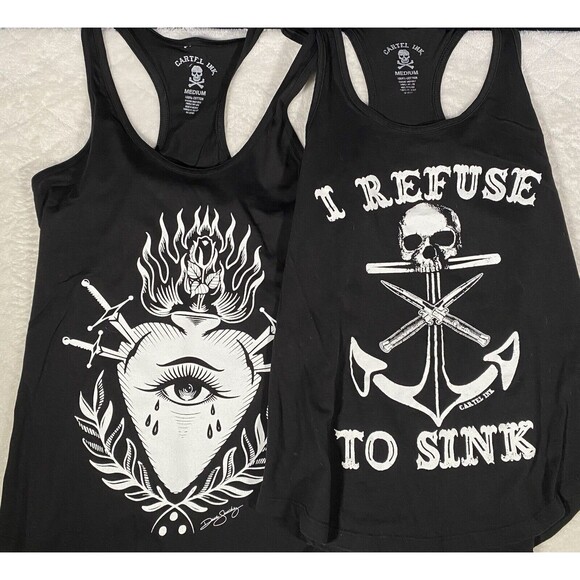 Cartel Ink Racer Back Tank Stabbed Heart Skull Tee Shirt Lot of 2 Women's Sz M - Picture 1 of 7